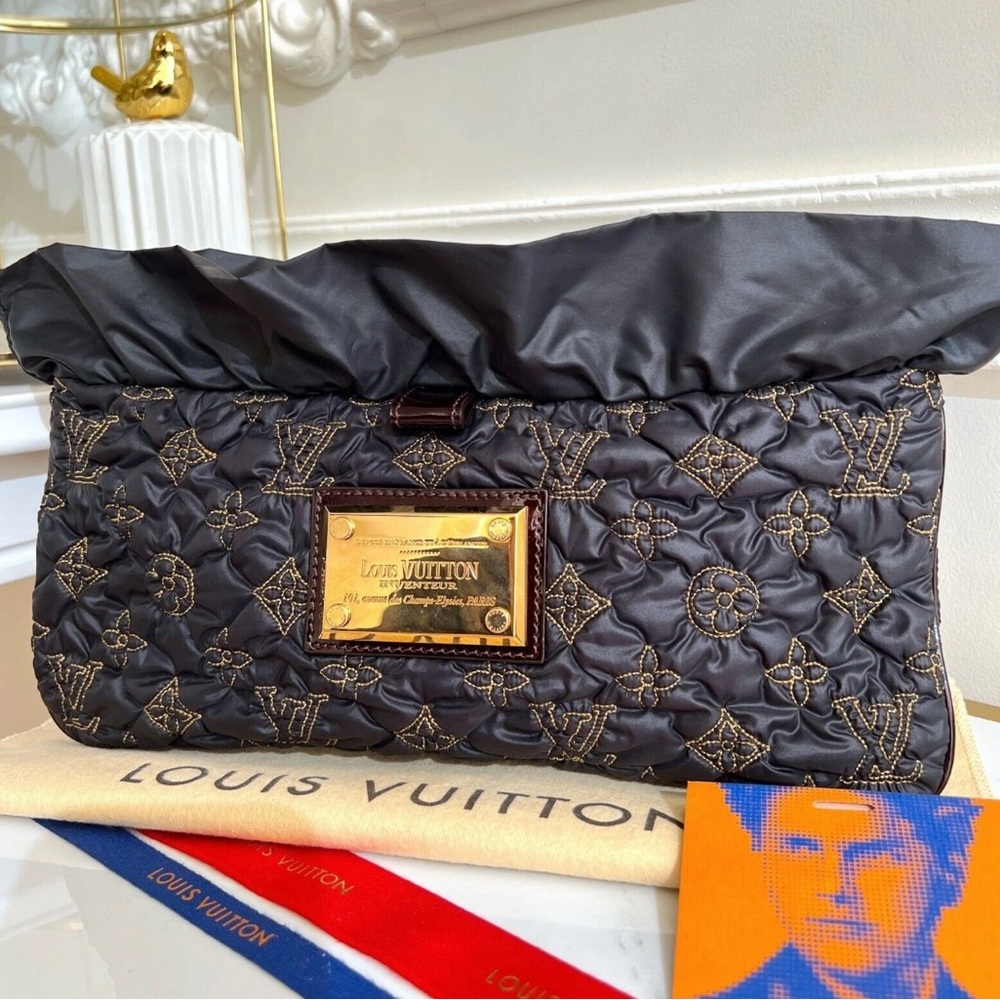 Louis Vuitton Devi MM Clutch Pochette Quilted Satin Monogram w/COA